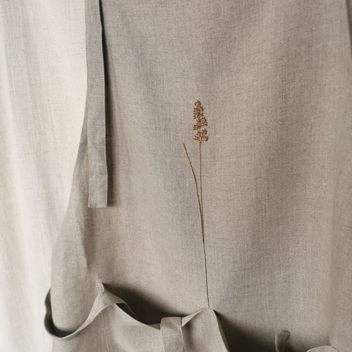 Linen Kitchen Apron with Handmade Embroidery