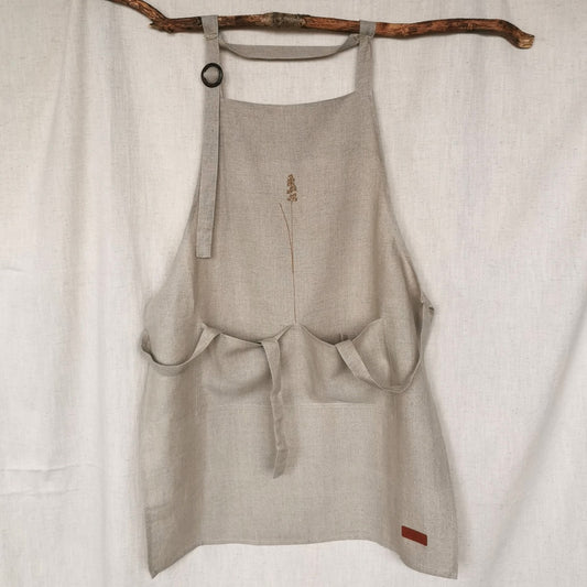 Linen Kitchen Apron with Handmade Embroidery